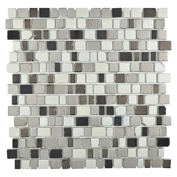 Mosaikfliese Crystaledge XCM GME 59 - 31,7 x 31,1 cm, Braun/Grau, Matt - Detailaufnahme eines Mosaiks aus kleinen, quadratischen Fliesen in Grau-, Braun- und Weißtönen, ideal für stilvolle Wand- und Bodengestaltungen.