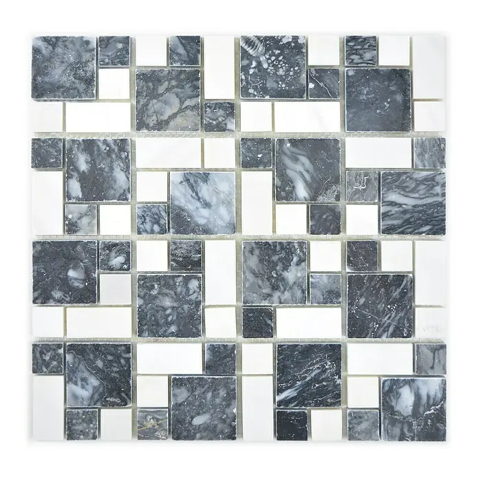 Mosaikfliese Mix XNM MC729 - 30,5 x 30,5 cm, Schwarz/Weiß, Glänzend - Quadratische Fliesenmatte mit grauen Marmor- und weißen Glaseinsätzen. Ein elegantes Mosaik für stilvolle Wand- und Bodenlösungen.