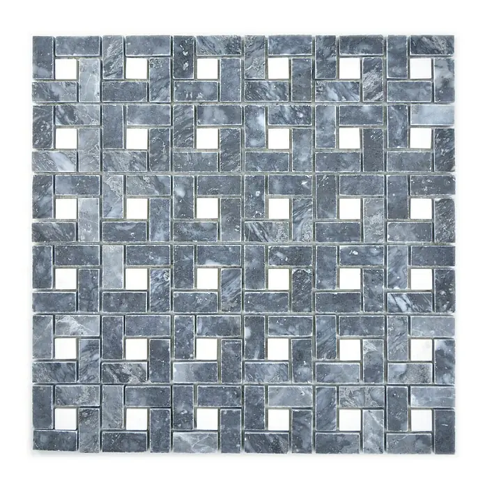 Mosaikfliese Mix XNM BS19 - 30,5 x 30,5 cm, Schwarz/Weiß, Glänzend - Hochwertiges Mosaik aus grauem Marmor mit quadratischen weißen Akzenten für stilvolle Wand- oder Bodengestaltung.