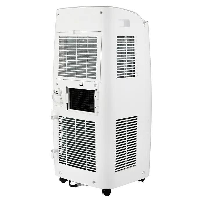 PR Klima Aire acondicionado portátil Moma - 3.500 W, Tamaño de la estancia: 35 m², Blanco - Vista posterior de un aire acondicionado portátil blanco con rejillas de ventilación para enfriar y deshumidificar habitaciones.