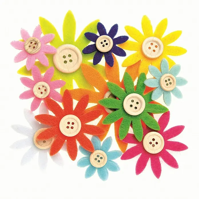 Bastelfilz - Grasgrün, 30 x 20 cm - Bunte Filzblumen mit Knöpfen, ideal für Bastelprojekte und Dekorationen, präsentiert auf einem weißen Hintergrund.