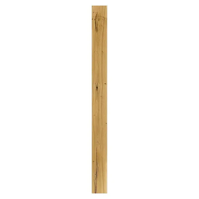 Parkett - Eiche matt lackiert, Landhausdiele, 2.200 x 180 x 14 mm - Holzbrett in heller Farbe mit sichtbarer Maserung und einigen Astlöchern. Ideal für rustikale Möbel oder Dekorationen.