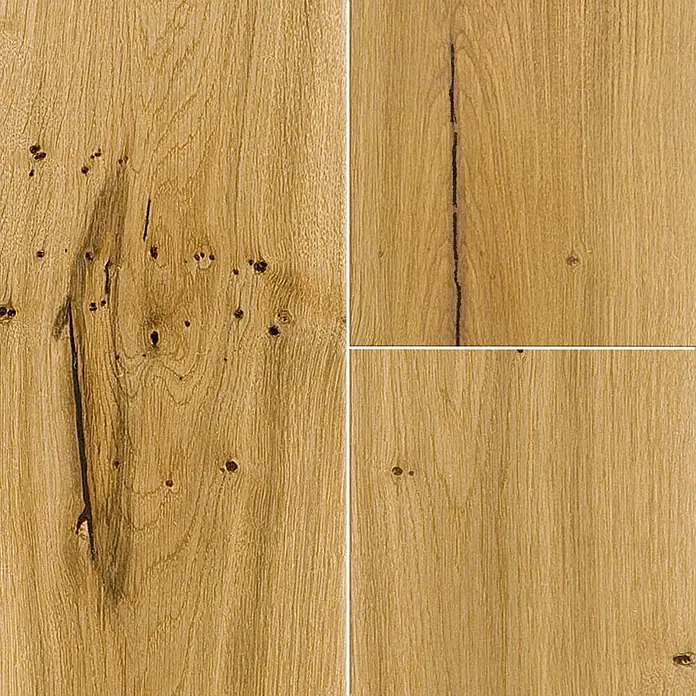 Parkett - Eiche matt lackiert, Landhausdiele, 2.200 x 180 x 14 mm - Hochwertiges Parkettmuster in warmen Holztönen mit einzigartigen Maserungen und Astlöchern für einen natürlichen Look.