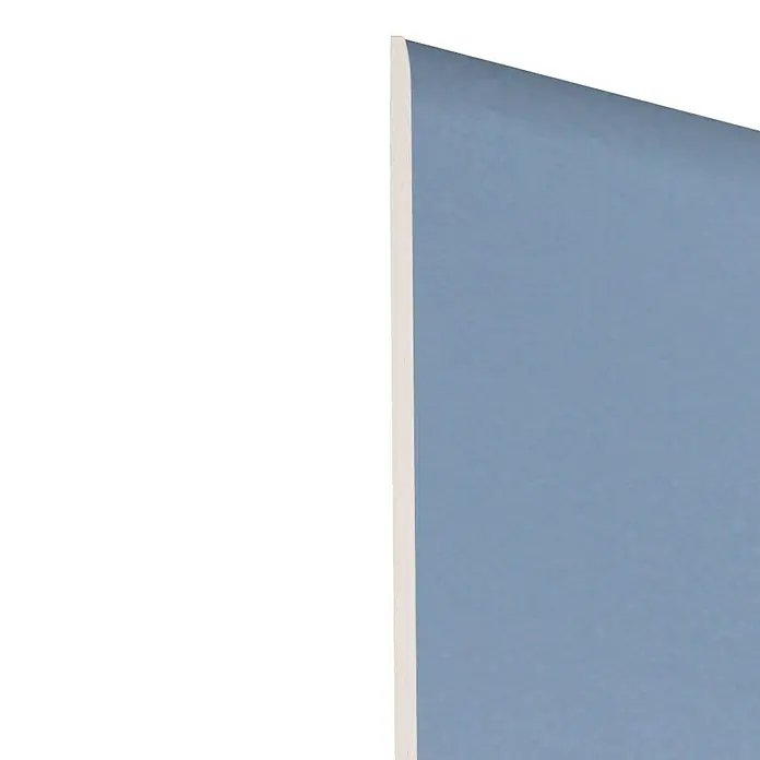 Knauf Gipskartonplatte Diamant GKFI2.000 x 1.250 x 12,5 mm, Imprägniert - Nahaufnahme einer graublauen Trockenbauplatte mit einer sauberen, weißen Kante, ideal für Bau- und Renovierungsprojekte.