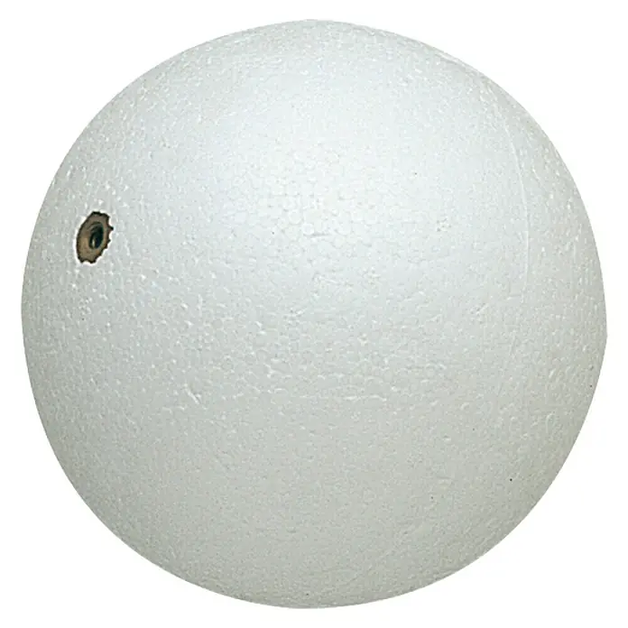 Boya para flotador 3/8" - Plástico, Blanco - Primer plano de una sola bola de poliestireno blanca con una abertura. Ideal para proyectos de manualidades o fines decorativos.