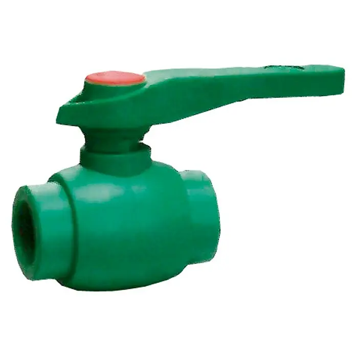 Isoltubex Válvula de corte PPR de bola - Polipropileno, DN 63 - Una válvula de bola verde con una tapa de manija roja diseñada para un control simple del flujo de agua.