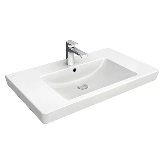 Villeroy & Boch Subway 2.0 Aufsatzwaschbecken - 80 x 47 cm, Mit schmutzabweisender Glasur, Hahnloch: Mitte, Mit Überlauf, Weiß - Ein modernes weißes Waschbecken mit einem eleganten Chrom-Wasserhahn. Ideal für ein stilvolles Badezimmerdesign.