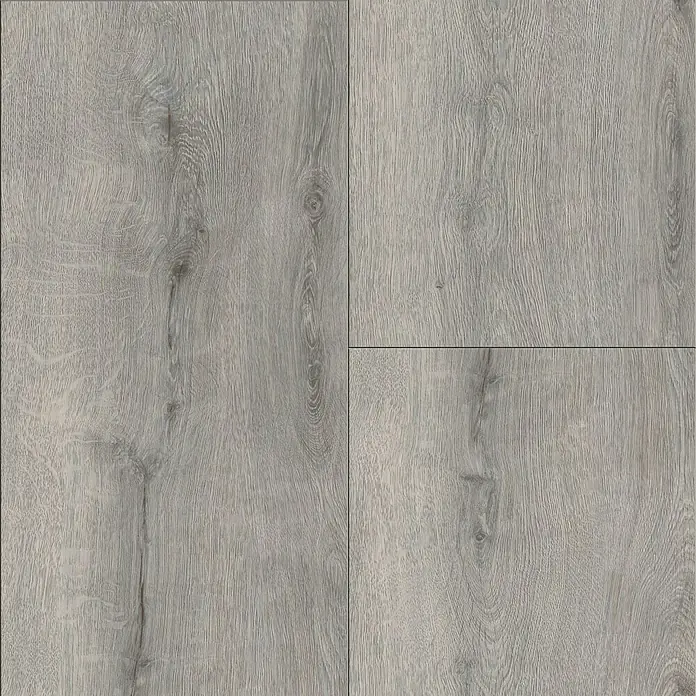 LOGOCLIC Laminatmuster Vinto Eiche Calais - 297 x 195 x 8 mm, Landhausdiele - Graue Holzbodenfliesen mit einer natürlichen Holzmaserung und einer matten Oberfläche für ein modernes Ambiente.