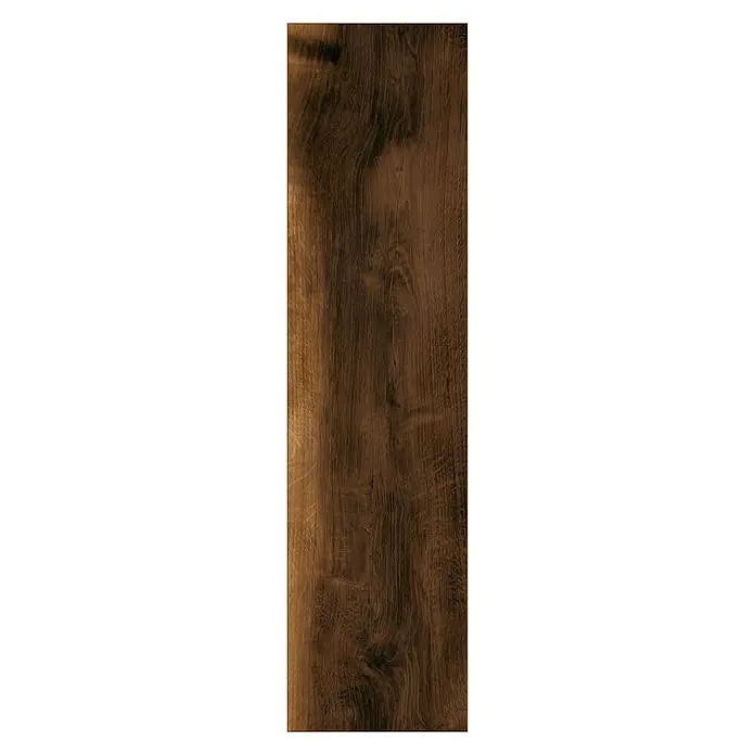 LOGOCLIC Laminatmuster Vinto Eiche Porto - 297 x 195 x 8 mm, Landhausdiele - Nahaufnahme einer einzelnen dunklen Holzdiele mit ausgeprägter Maserung, ideal für Bodenbeläge oder Wandverkleidungen.