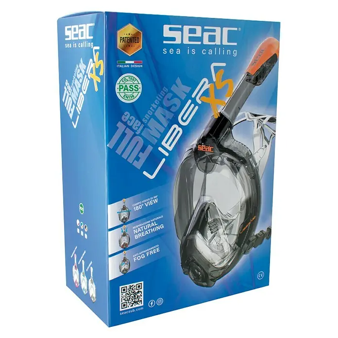Seac Sub Máscara de Snorkel Libera - S/M, Plástico, Turquesa/Naranja - Caja azul de producto para la máscara de snorkel facial completa SEAC LiberX5, con imagen del producto, texto y logotipos.