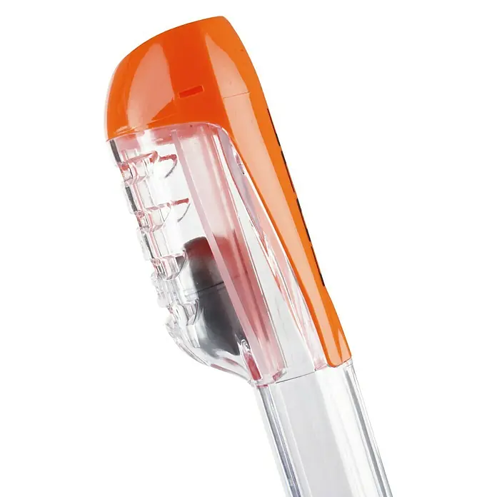 Seac Sub Máscara de Snorkel Mágica - S/M, Plástico, Azul/Naranja - Primer plano de un esnórquel naranja con carcasa transparente y válvula negra sobre un fondo negro.