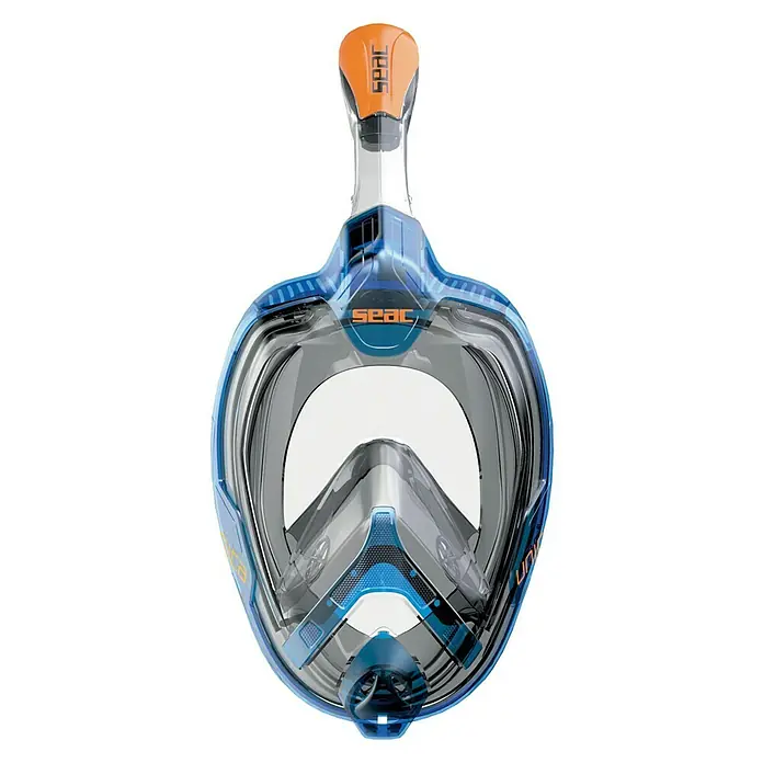 Seac Sub Máscara de Snorkel Mágica - S/M, Plástico, Azul/Naranja - La imagen muestra una máscara de esnórquel facial completa SEAC Unica azul con una punta de esnórquel naranja sobre un fondo blanco.