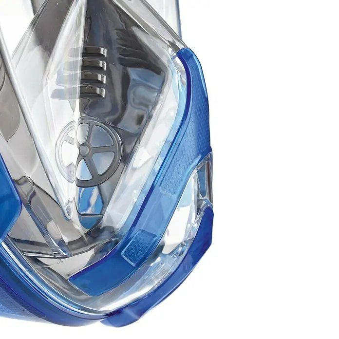 Seac Sub Máscara de Snorkel Mágica - S/M, Plástico, Azul/Naranja - Primer plano de una máscara de snorkel facial completa azul con visera transparente y detalles grises.