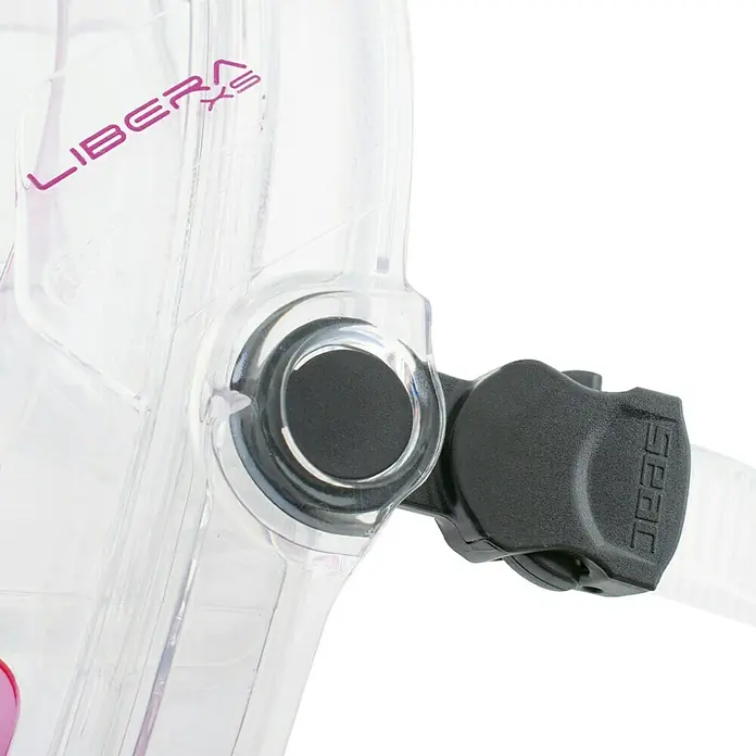 Seac Sub Máscara de Snorkel Libera - S/M, Plástico, Rosa - Primer plano de una máscara de buceo transparente SEAC Libera XS con cierre de hebilla negro.