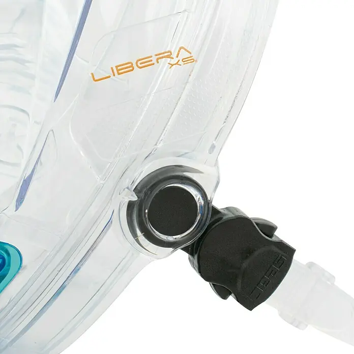 Seac Sub Máscara de Snorkel Libera - L/XL, Plástico, Turquesa/Naranja - Primer plano de una máscara de buceo SEAC transparente con junta giratoria negra y letras doradas.