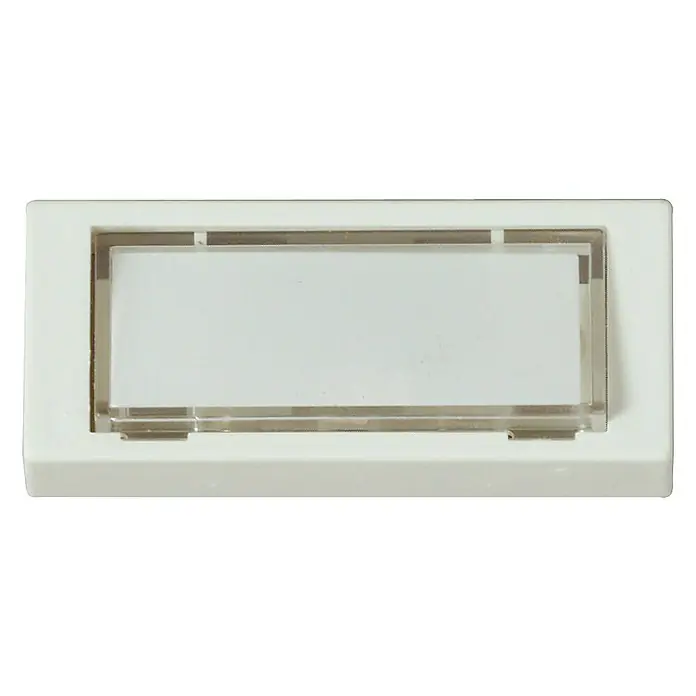 Heidemann Klingeltaster - Mit Namensschild, Weiß, Drahtgebunden, 60 x 25 x 13 mm - Nahaufnahme einer rechteckigen, weißen Klingelplatte mit transparentem Namensschild, ideal für Wohn- oder Bürobereiche.