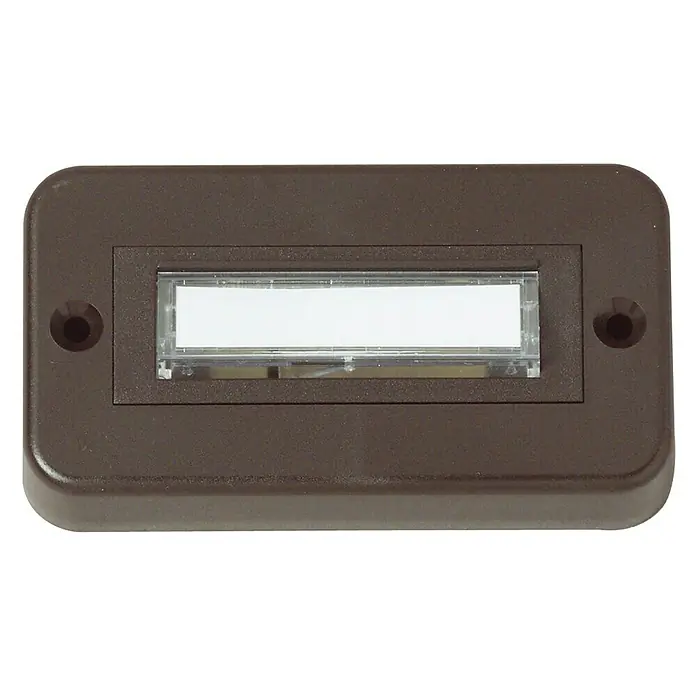 Heidemann Klingeltaster Unbeleuchtet - Braun, Schwarz, 1-reihig, Mit Namensschild, 16 x 81 x 43 mm - Nahaufnahme einer braunen Türklingel mit einem weißen Namensschild und zwei Befestigungslöchern.