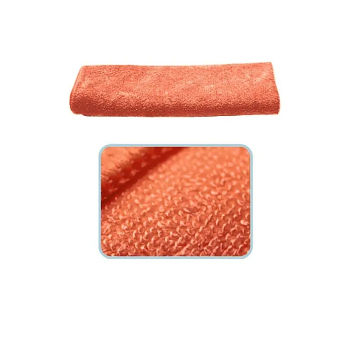 Mikrofasertuch Topline - 5 Stk., 40 x 40 cm, Mikrofaser, Rot - Nahaufnahme eines korallenroten, gefalteten Mikrofasertuchs und ein quadratischer Ausschnitt des gleichen Tuchs.