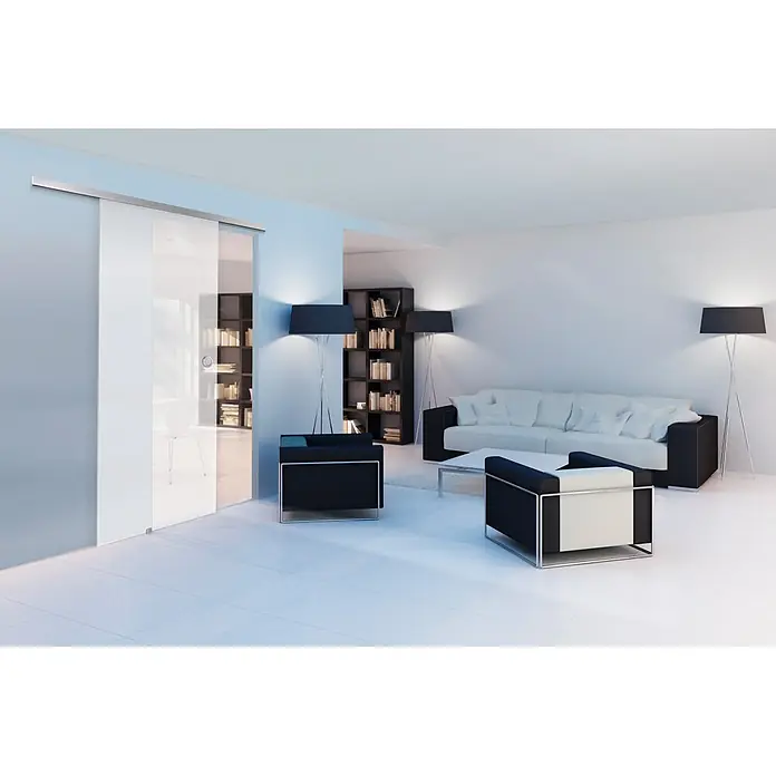Diamond Doors Glasschiebetür Luminato - 935 x 2.058 mm, Einscheibensicherheitsglas (ESG) - Moderne Inneneinrichtung mit Fokus auf einer eleganten Glasschiebetür, die einen offenen und hellen Raum schafft.