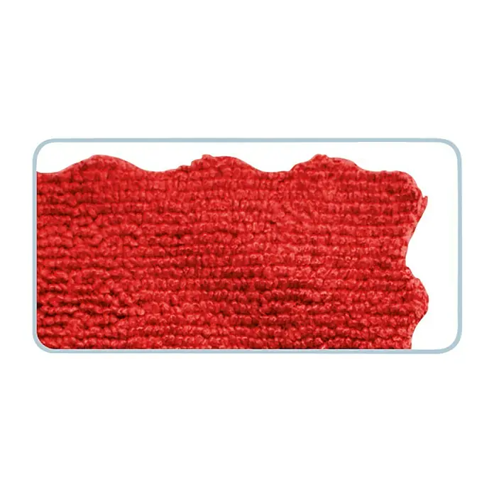 Mikrofasertuch Superline - 5 Stk., 32 x 32 cm, Mikrofaser, Rot - Detailaufnahme eines roten Teppichstücks mit unregelmäßigem Rand, eingefasst von einer hellblauen Kontur auf schwarzem Hintergrund.