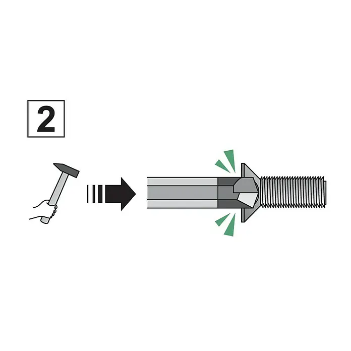 Matador Schraubenausdreher ScrewIT - Passend für: Schrauben (M2,5 - M6) - Illustration einer Bolzeninstallation mit Hammer, Pfeil, Schraube und Nummer 2.