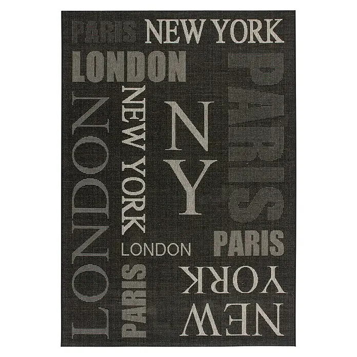 Outdoor-Teppich Finca - Graphit, 230 x 160 cm, 100 % Polypropylen - Dunkelgrauer Teppich mit den Stadtnamen Paris, New York und London in hellgrauer Schrift für ein modernes Ambiente.