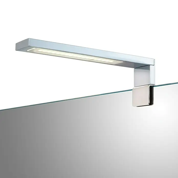 Camargue LED-Spiegelleuchte Vega I - 4,4 W, 230 V - Moderne Spiegelleuchte mit LED-Beleuchtung für Badezimmer, die mit einer eleganten Chromhalterung am Spiegel befestigt ist.