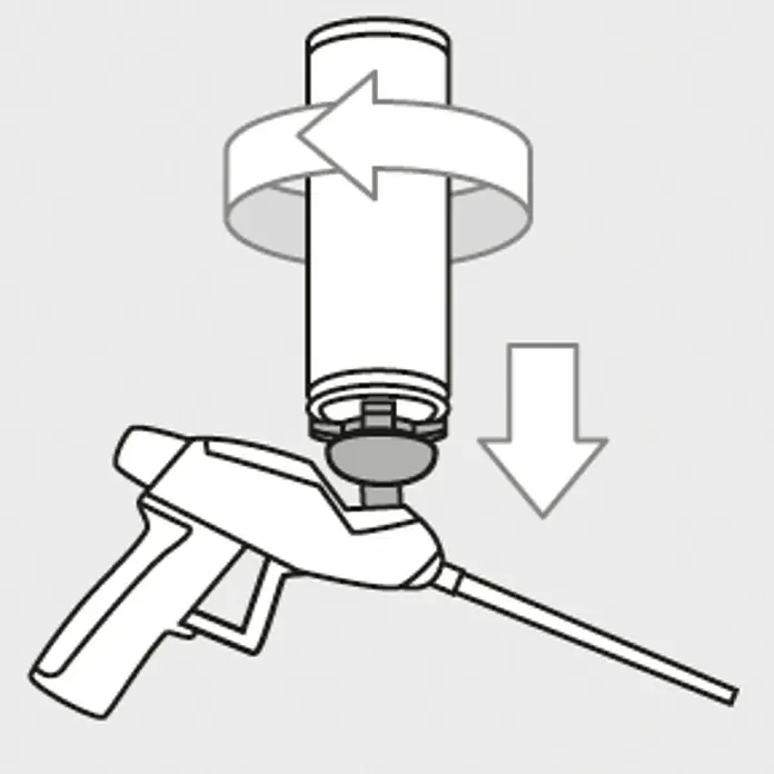 Illbruck Steinkleber PU700 - 750 ml, Kunststoff - Abbildung einer Schaumpistole mit einer rotierenden Düse zur besseren Verteilung des Schaums.