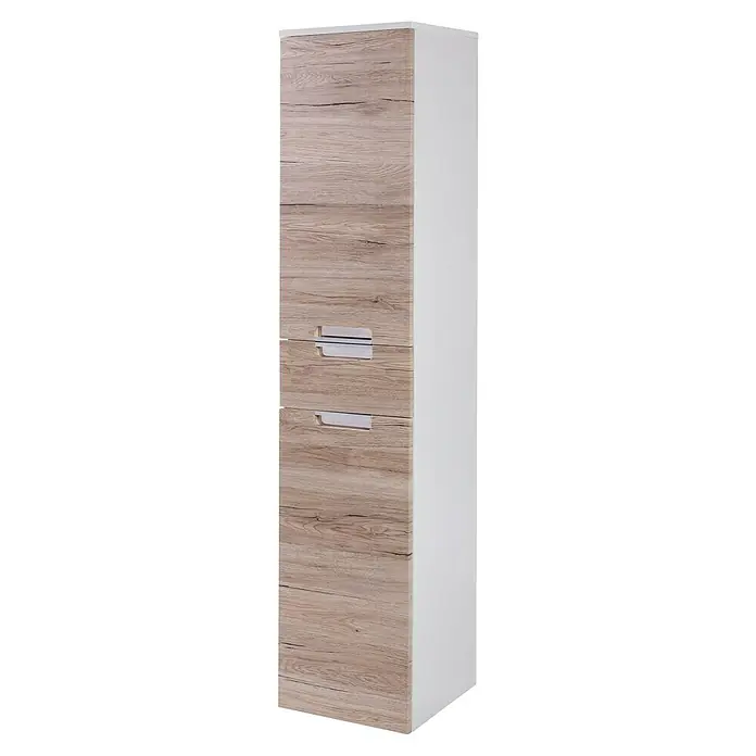 Schildmeyer Sunny Hochschrank - B x T x H: 33 x 35 x 159 cm, Eiche Natur - Hochformatiger Badezimmerschrank mit Holzfront und zwei Schubladen für stilvolle Badaufbewahrung.