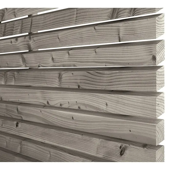 Fassaden-Profil Rhombus - Kiefer, L x B: 300 x 5,8 cm, Stärke: 2,8 cm, Grau - Nahaufnahme einer Wandverkleidung aus hellem Holz mit einer ausgeprägten Maserung. Ideal für moderne Inneneinrichtungen.