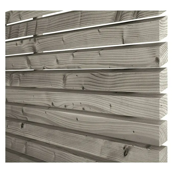 Fassaden-Profil RhombusKiefer, L x B: 300 x 5,8 cm, Stärke: 2,8 cm, Grau - Nahaufnahme einer Wandverkleidung aus hellem Holz mit einer ausgeprägten Maserung. Ideal für moderne Inneneinrichtungen.