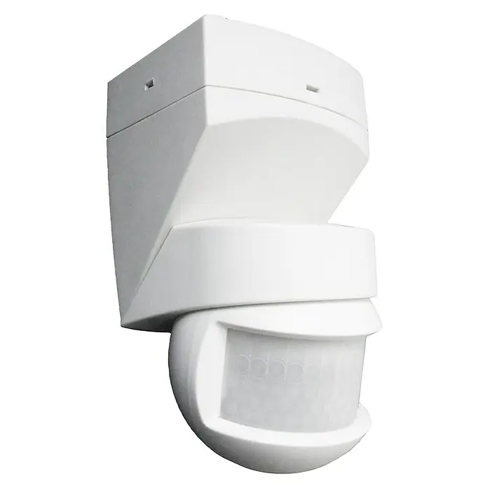 Voltolux Bewegungsmelder RS98B - Reichweite Sensor: 12 m, Weiß, Erfassungswinkel Sensor: 240 ° - Nahaufnahme eines weißen Bewegungsmelders, der an einer Wand montiert ist und über eine Sensorkuppel für die Bewegungserkennung verfügt.