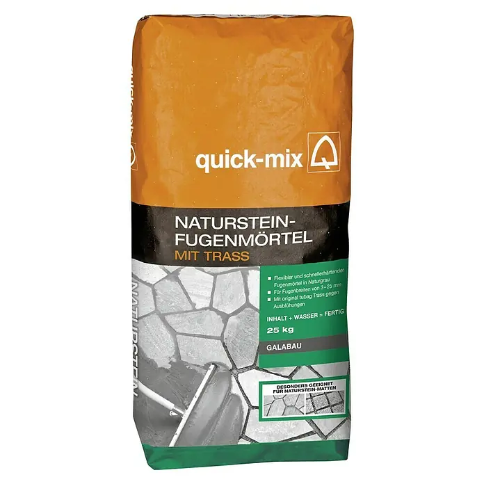 Quick-Mix Natursteinfugenmörtel - 25 kg - Sack Quick-Mix Naturstein-Fugenmörtel mit Trass, flexibel und schnellhärtend, ideal für Naturstein-Matten, 25 kg für den Garten- und Landschaftsbau.