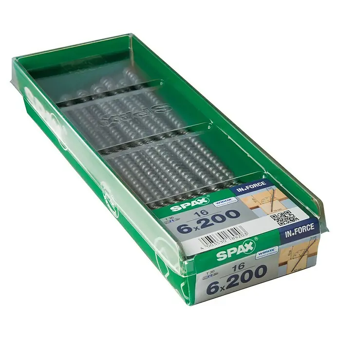Spax Holzbauschraube IN.FORCE - Ø x L: 6 x 200 mm, WIROX Oberfläche, T-Star plus, 16 Stk. - Dose mit Spax Holzschrauben, Größe 6x200 mm, mit grünem Rand und transparentem Deckel, Schrauben ordentlich in Reihen angeordnet.