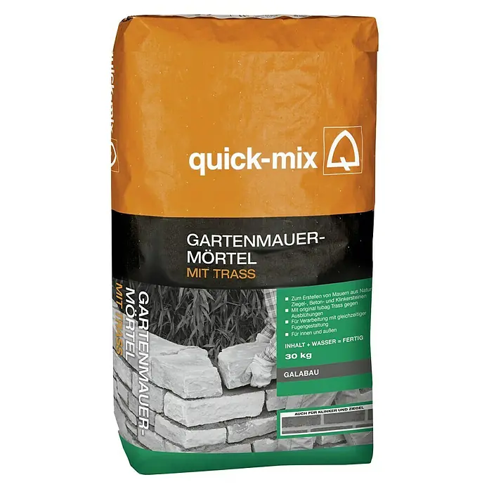 Quick-Mix Gartenmauermörtel - 30 kg - Bild einer 30 kg Packung Quick-Mix Gartenmauermörtel mit Trass, ideal zum Erstellen von Mauern aus Natur-, Ziegel-, Beton- und Klinkersteinen.