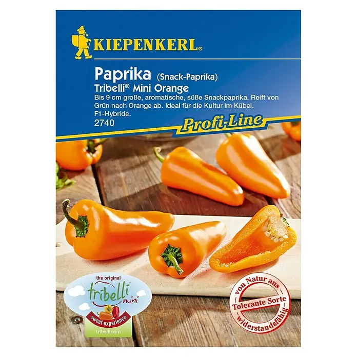 Kiepenkerl Profi-Line Gemüsesamen Snackpaprika - Capsicum annuum, Erntezeit: Juli - Abbildung der Samenpackung "Paprika (Snack-Paprika) Tribelli® Mini Orange" von Kiepenkerl, mit appetitlichen Mini-Paprika.