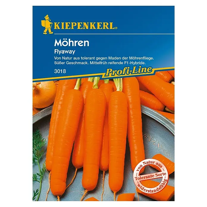 Kiepenkerl Profi-Line Gemüsesamen Möhre Flyaway - Daucus carota ssp. sativus, Erntezeit: Juli - Abbildung einer Kiepenkerl Möhren Flyaway-Saatguttüte. Die Sorte ist von Natur aus resistent und tolerant gegen Möhrenfliegenmaden.