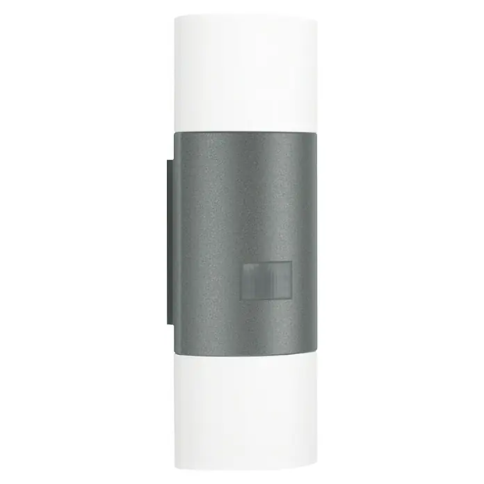 Steinel LED-Sensor-Außenwandleuchte L 910 S anthrazit - 9,8 W, L x B x H: 8 x 8,5 x 23,5 cm, Anthrazit, Weiß, Warmweiß - Moderne Außenleuchte mit einem zylindrischen Design in Weiß und Grau, ideal für stilvolle Außenbereiche.