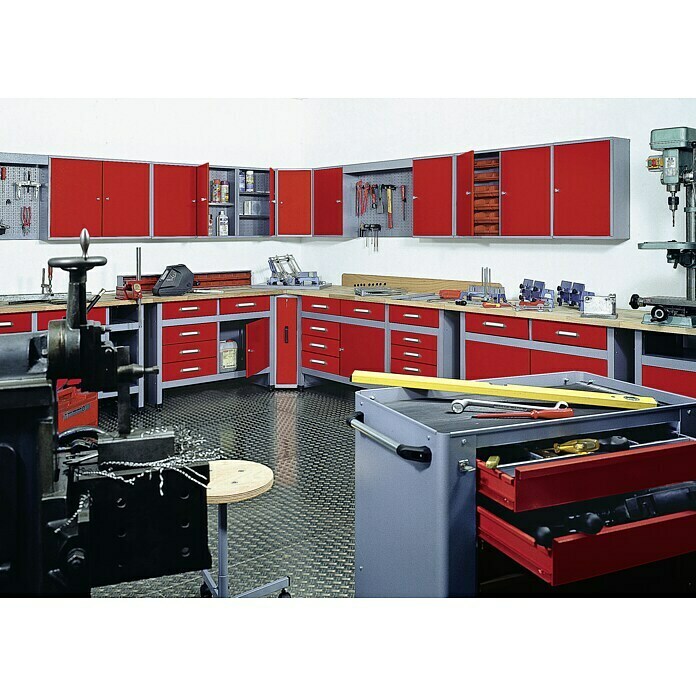 Banco de Trabajo Rojo con Tablero de Clavijas,Cajón+Luz LED, Mesa de Trabajo  Estantes Taller Garaje Bricolaje