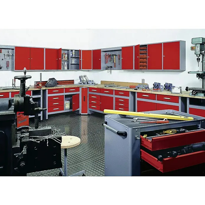 Küpper Werkbank - L x B: 60 x 120 cm, Arbeitshöhe: 84 cm, Belastbarkeit: 300 kg, Rot/Silbergrau, Anzahl Schubladen: 5 Stk. - Werkstatt mit rotem Werkzeugschrank und Werkbank bietet viel Stauraum für Werkzeuge und Zubehör, ideal für Handwerker und Heimwerker.