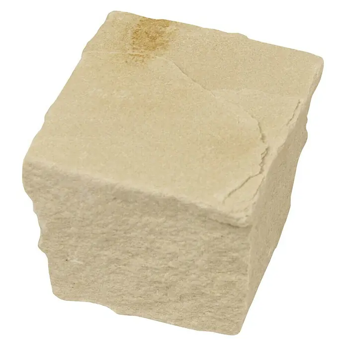 Pflasterstein Indian Summer - Sandstein, 10 x 10 x 7 cm, Quadratisch, Sandstein - Sandsteinquader: Nahaufnahme eines beigen Sandsteinblocks mit sichtbarer Textur und Struktur.
