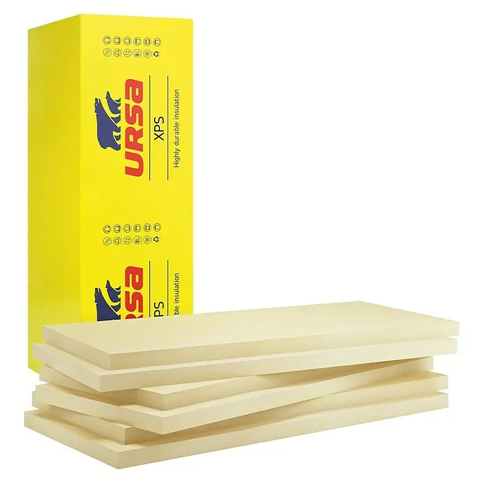 Ursa Hartschaumplatte XPS D N-III-L125 cm x 60 cm x 80 mm, 3,75 m² - Das Bild zeigt URSA XPS Dämmplatten und eine Verpackung. URSA XPS Platten sind bekannt für ihre hohe Wärmedämmung und Druckfestigkeit.