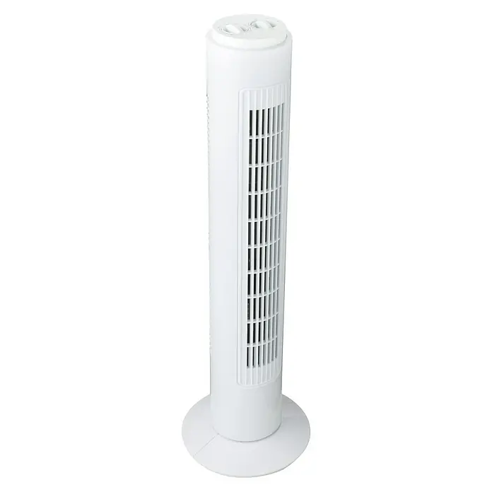 Voltomat Ventilador de torre Tower - Blanco, Altura: 78 cm, 45 W - Un ventilador de torre blanco y delgado sobre una base redonda, ideal para refrescar habitaciones con su diseño moderno y controles superiores.
