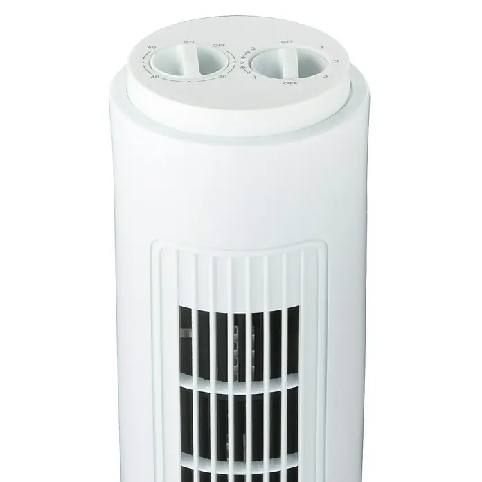 Voltomat Ventilador de torre Tower - Blanco, Altura: 78 cm, 45 W - Primer plano de un ventilador de torre blanco con diales para ajustar el temporizador y la velocidad.