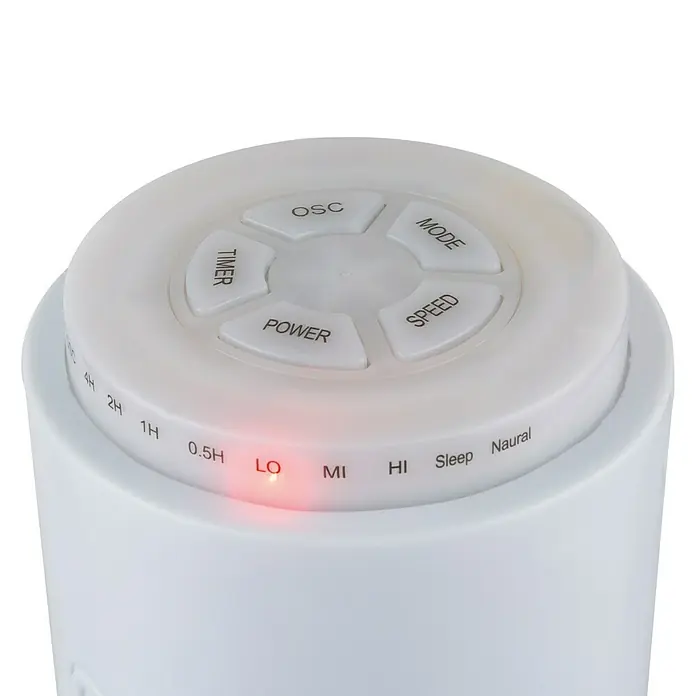 Voltomat Ventilador de torre Tower - Blanco, 78 cm, 50 W - Primer plano de una máquina de ruido blanco con controles para encendido, velocidad, modo y temporizador. La velocidad está en baja.
