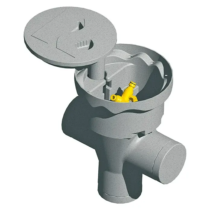 Aqua-King Entnahme-Set - Länge: 120 cm, Passend für: Aqua-King Regenwassertanks mit DN 600 - Die graue Bewässerungsbox mit gelbem Ventil und offenem Deckel zeigt Bewässerungstechnik für den Garten.