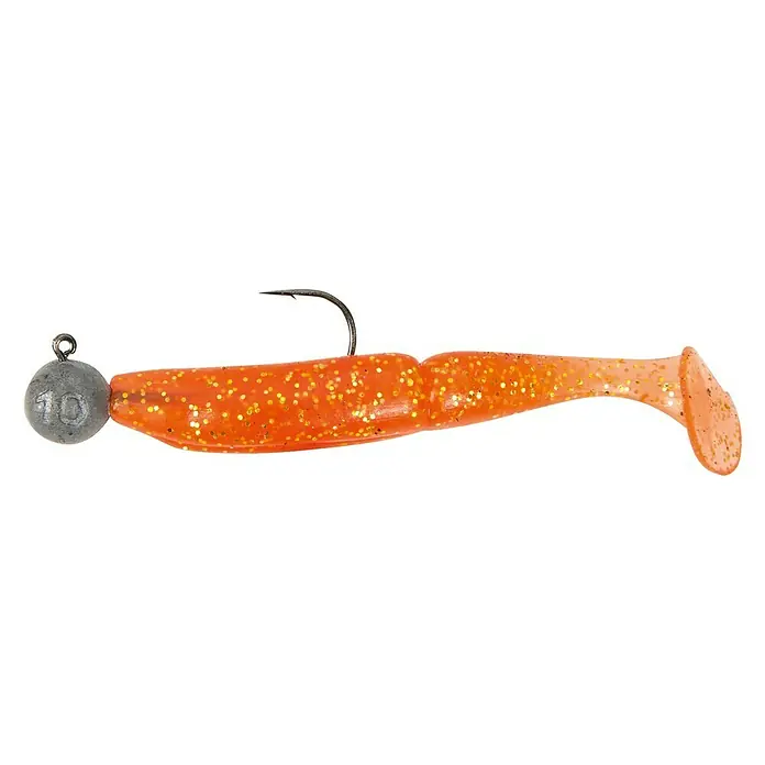 Westline Gummifisch-SetZielfisch: Barsch, 4 Stk. - Dieser Köder verfügt über einen Jigkopf mit Gewicht und einen orangefarbenen Gummikörper mit Glitzer für mehr Attraktivität.