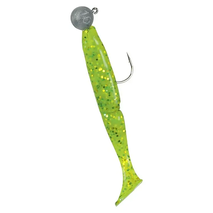 Westline Gummifisch-SetZielfisch: Barsch, 4 Stk. - Nahaufnahme eines grünen Angelköders mit Glitzer, einem Bleikopf und einem Angelhaken.