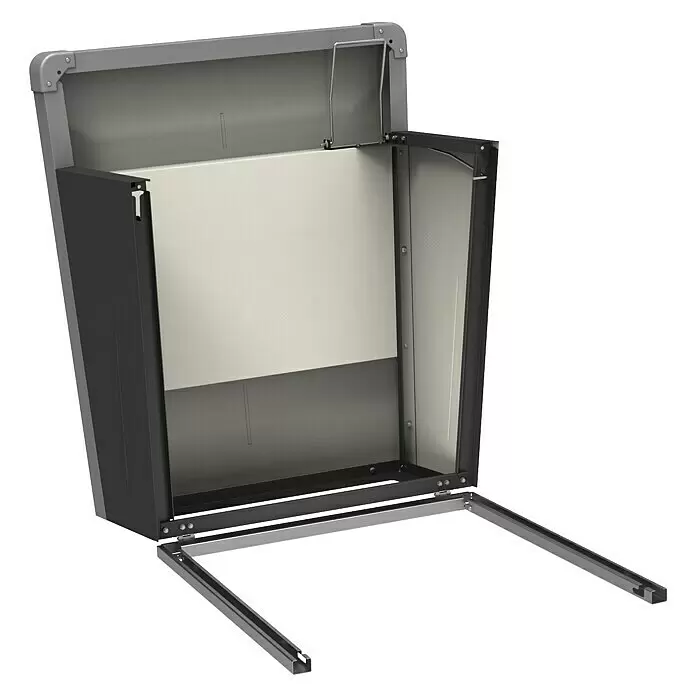 Biohort Mähroboter-Garage Charly - L x B x H: 90 x 78 x 49 cm, Quarzgrau Metallic - Offener dunkelgrauer Metall-Außenschrank mit hellgrauem Klappdeckel und zwei ausziehbaren Bodenschienen.