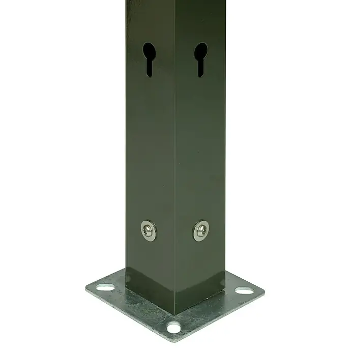 Videx Garden Pfosten - 6 x 6 x 160 cm, Passend für: Videx Garden Sichtschutzelemente Malmö, Stockholm & Öland Höhe 150 cm, Grau - Nahaufnahme einer verzinkten Stahlstütze mit quadratischer Grundplatte, ideal für robuste Außenkonstruktionen.